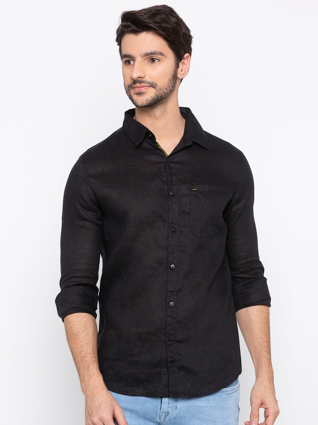 Spykar Black Linen Slim Fit Shirts For Men