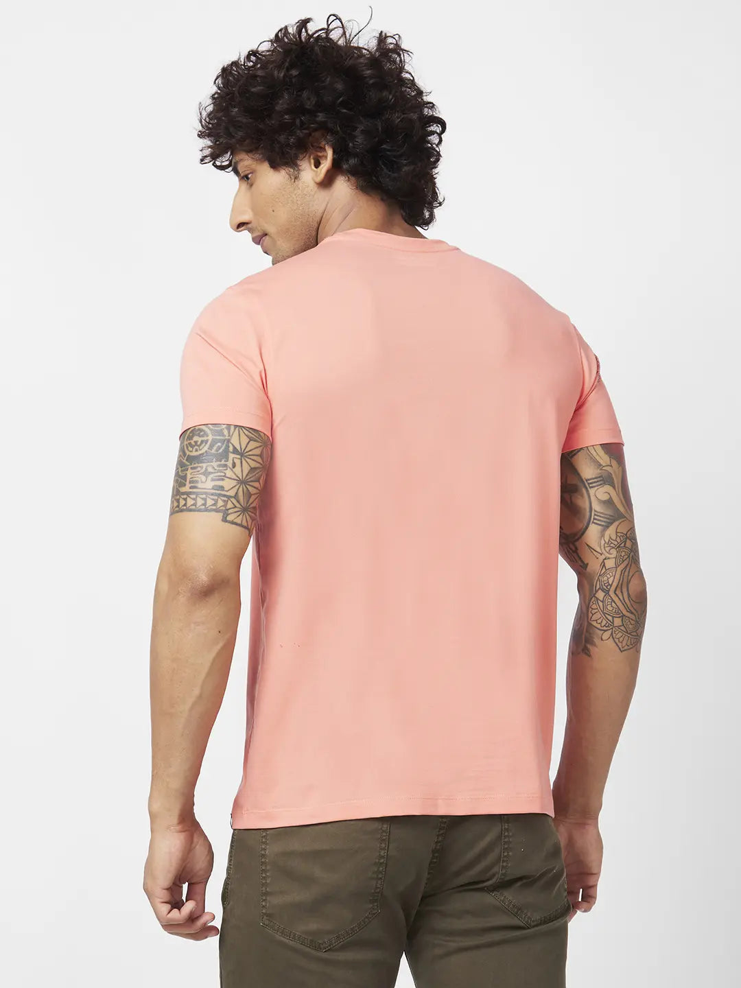 Spykar Men Peach Pink Blended Slim Fit Half Sleeve Round Neck Printed Tshirt