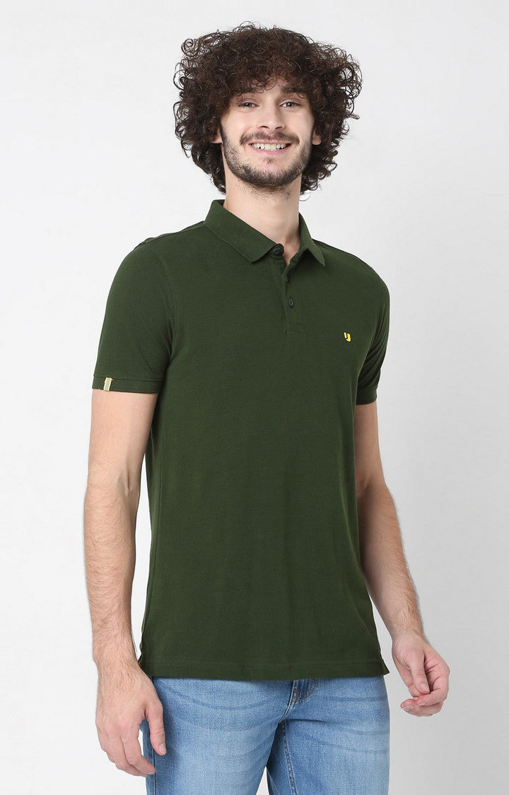 Men Premium Green Cotton Regular Fit Polo T-Shirt - Underjeans By Spykar