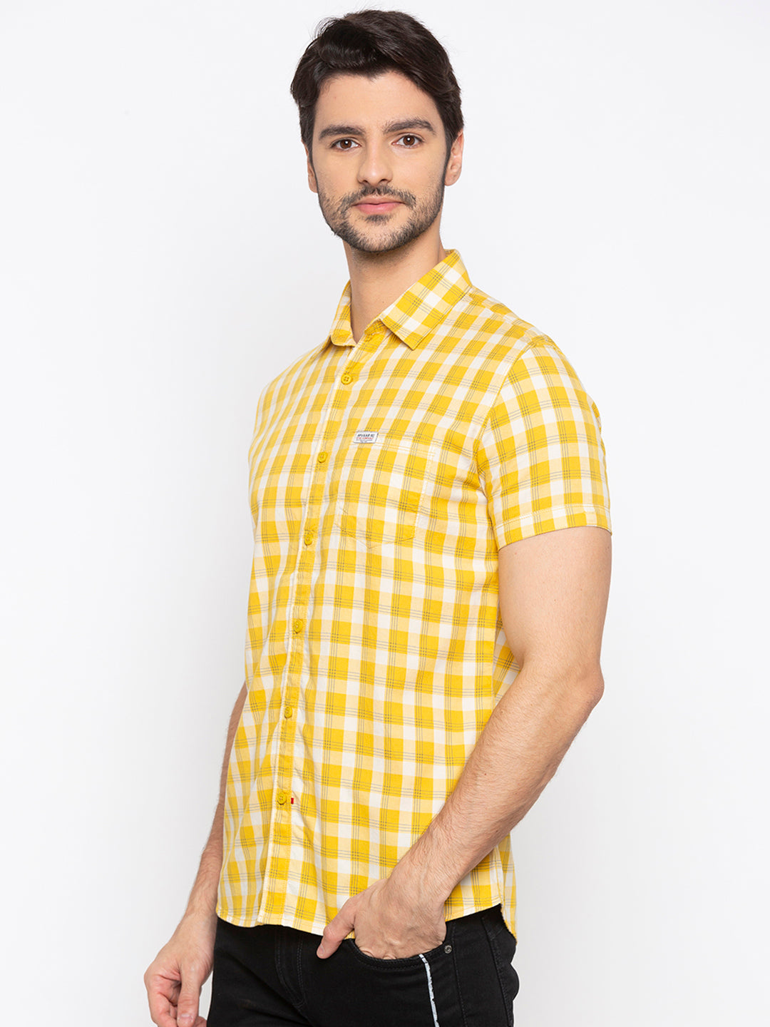 Spykar Men Yellow Checked Slim Fit Casual Shirt