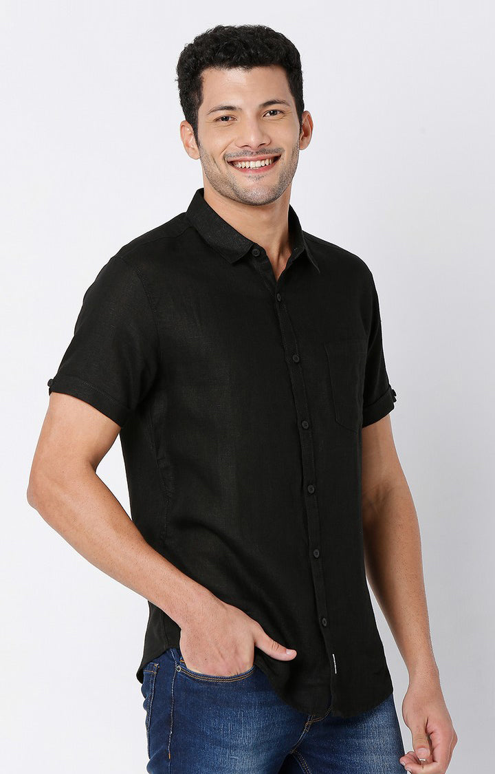 Spykar Men Jet Black Cotton Full Sleeve Plain Shirt