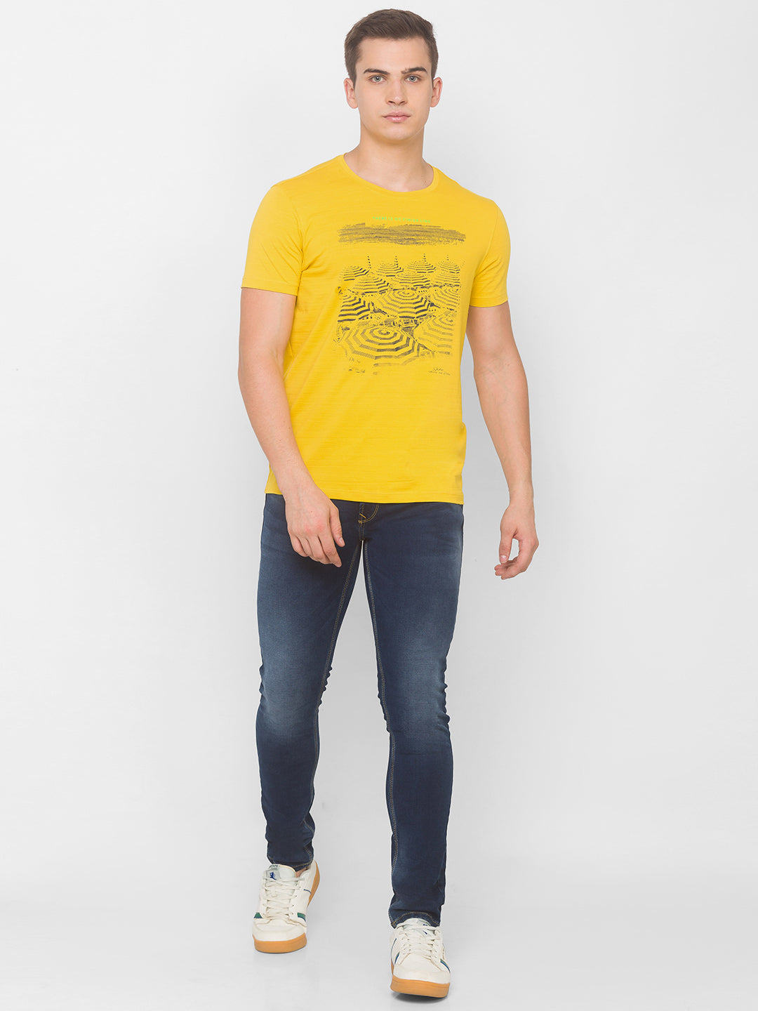 Spykar Men Yellow Cotton Slim Fit Round Neck T-Shirt