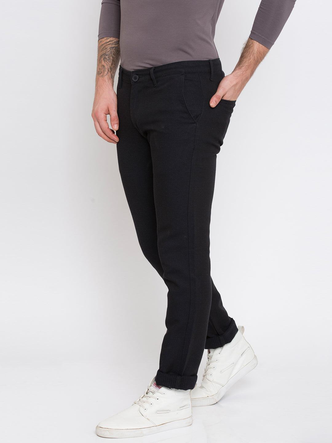 Spykar Men Black Cotton Slim Fit Casual Trousers