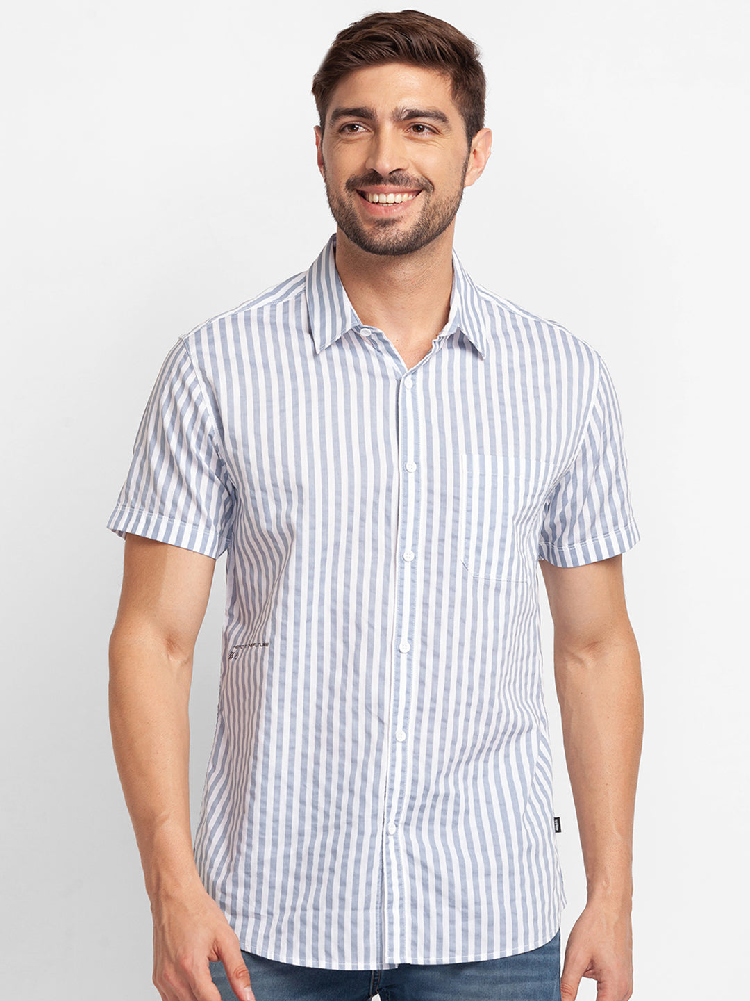 Spykar Silver Grey Cotton Half Sleeve Stripes Shirt For Men