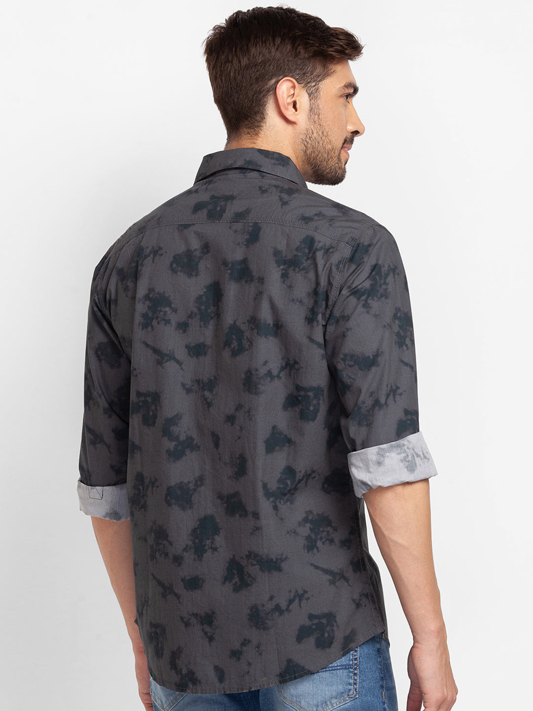 Spykar Charcoal Grey Cotton Full Sleeve Printed Shirt For Men