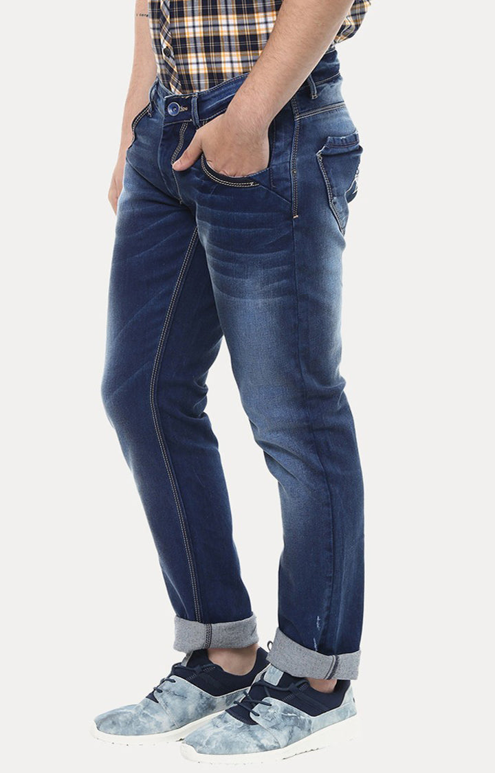 Spykar Blue Cotton Slim Fit Tapered Ankle Length Jeans For Men