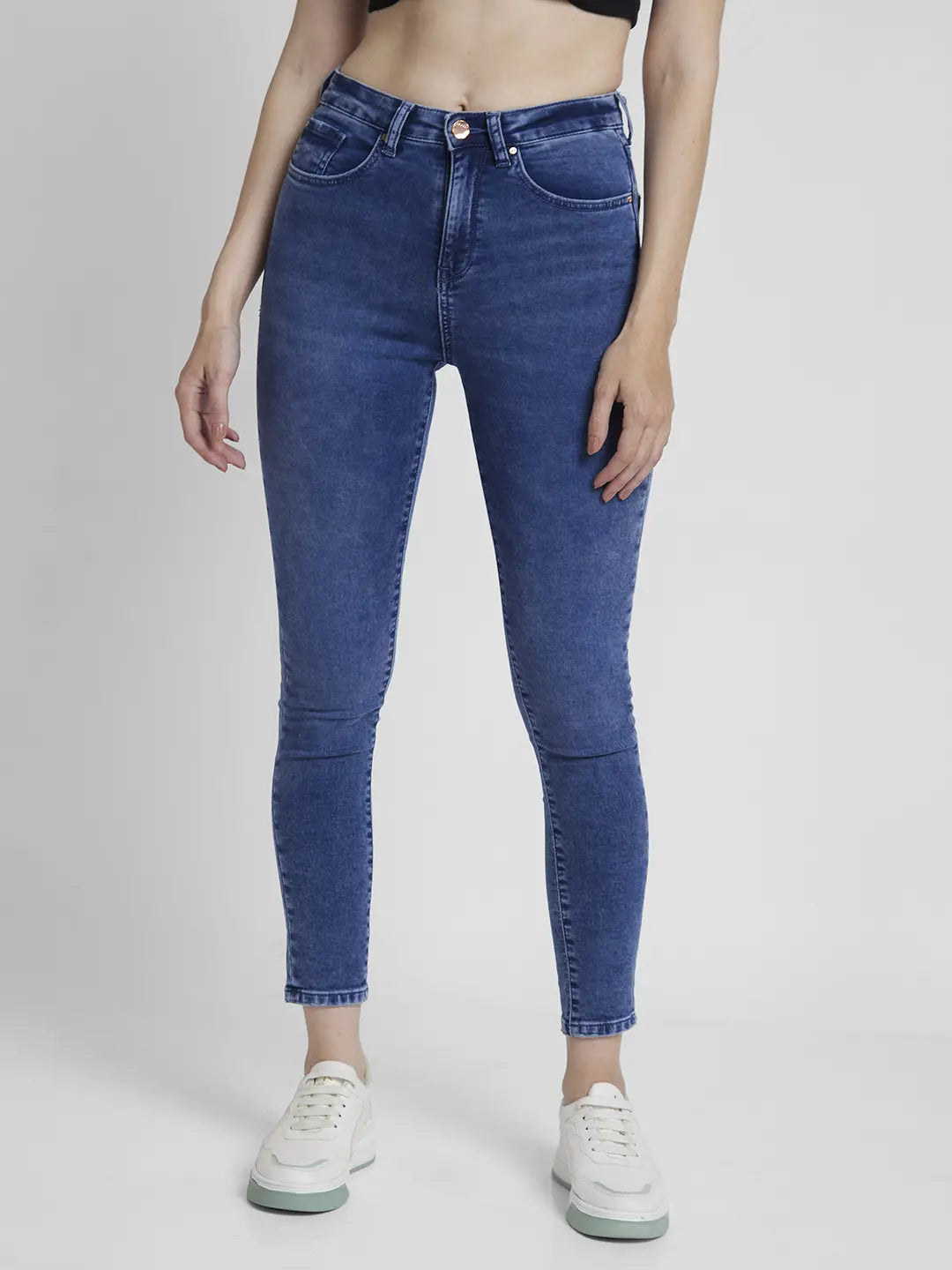 Spykar Women Mid Blue Lycra Super Skinny Fit Ankle Length Low Distressed Jeans -(Alexa)