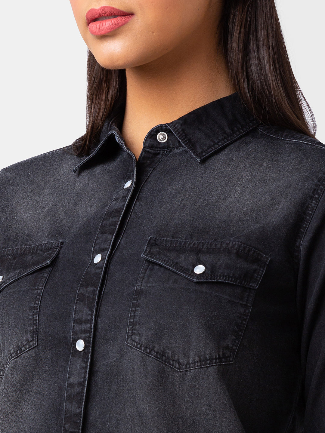 Spykar Women Black Cotton Regular Fit Denim Shirts