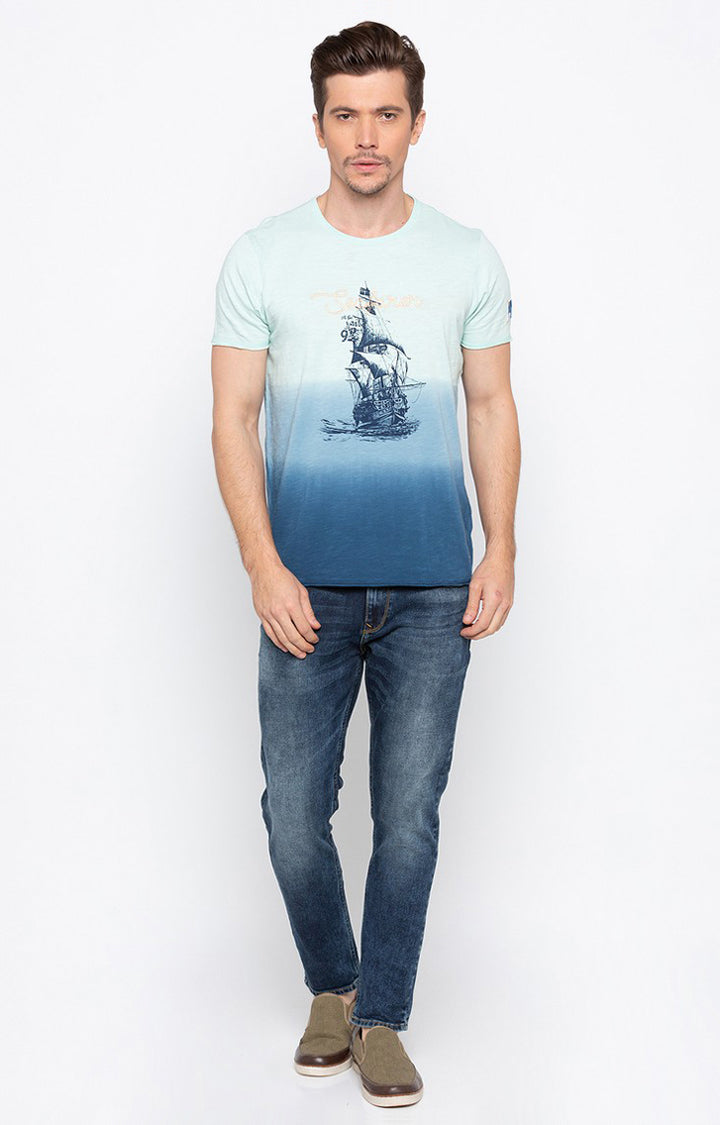 Spykar Powder Blue Printed Slim Fit Men T-Shirts