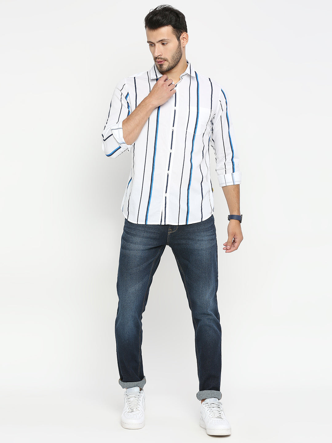 Spykar Men White Cotton Full Sleeve Striped Shirt