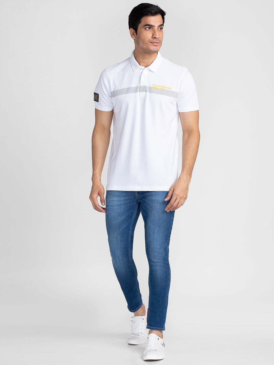 Spykar Men White Cotton Slim Fit Polo Printed T-Shirt