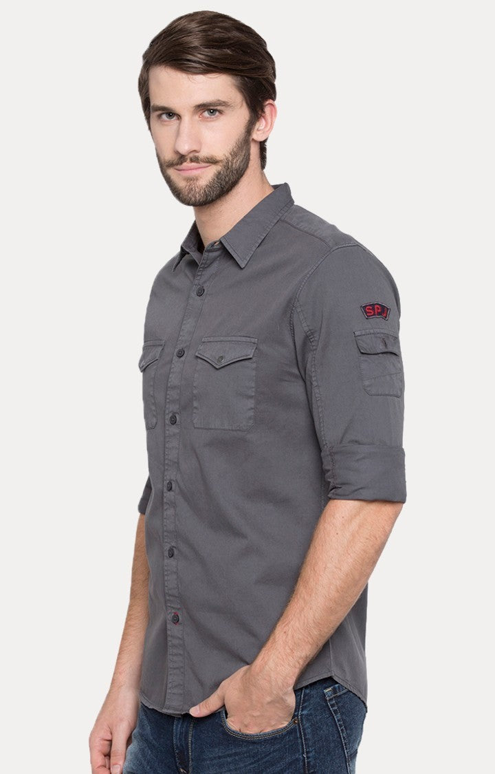 Spykar Men'S Grey Cotton Solid Casual Shirts