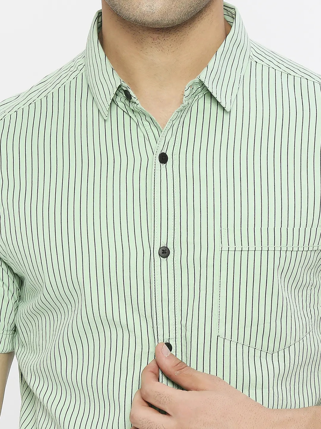 Spykar Men Pista Green Cotton Slim Fit Half Sleeve Striped Shirt