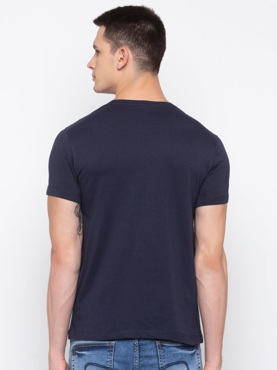 Spykar Men Blue Cotton Slim Fit Round Neck T-Shirt