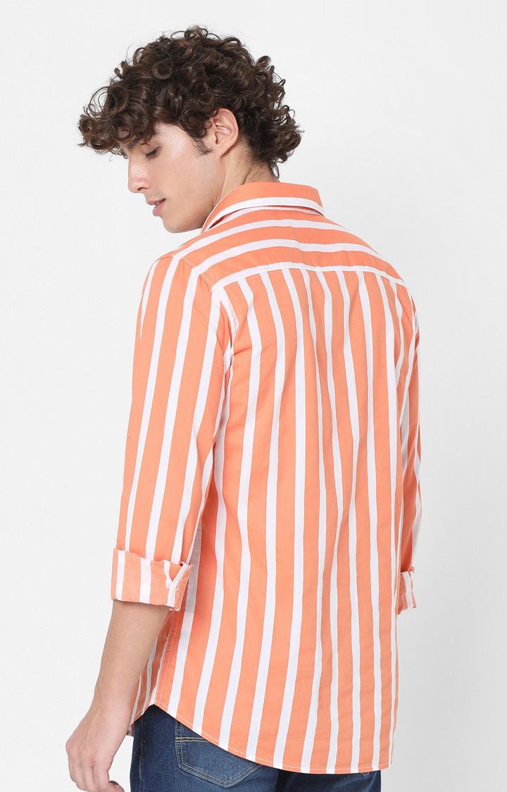 Spykar Slim Fit Orange Full Sleeve Striped Shirts For Mens