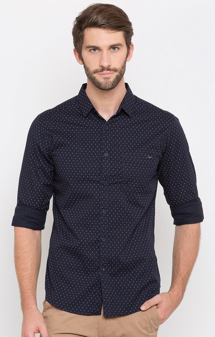 Spykar Men'S Blue Cotton Printed Casual Shirts