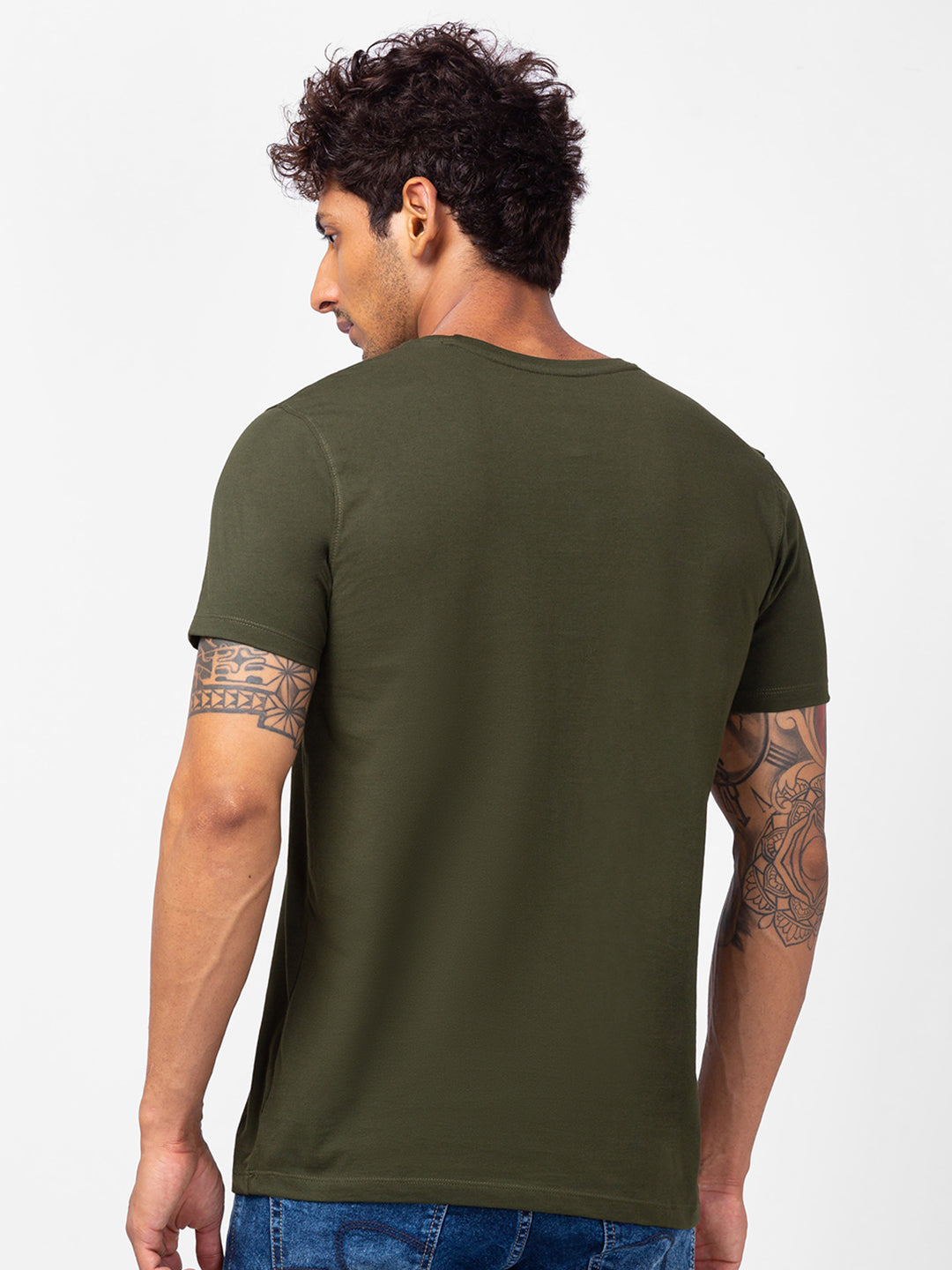 Spykar Men Olive Green Cotton Slim Fit Round Neck Printed T-Shirt