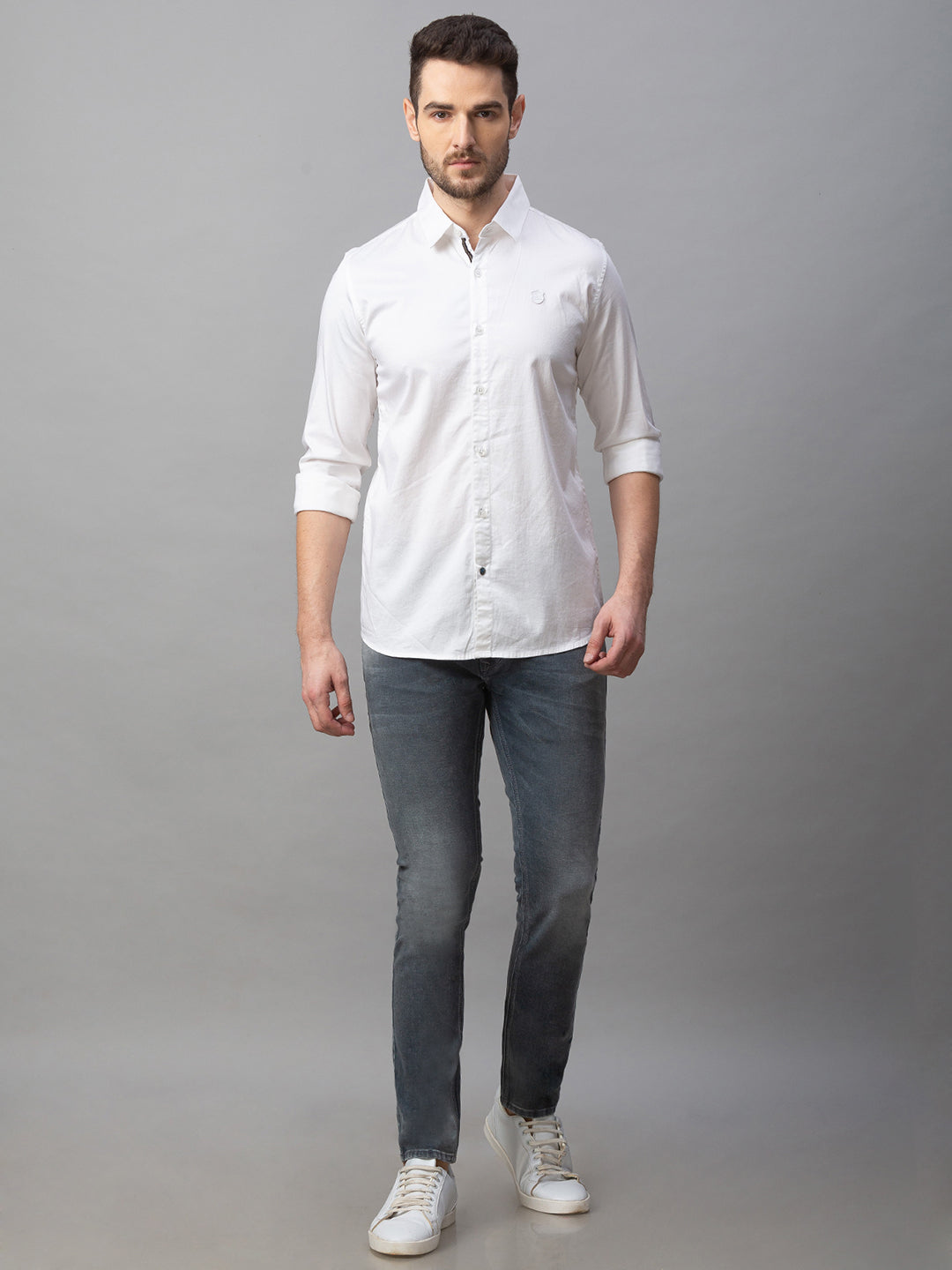 Spykar Men White Cotton Slim Fit Shirt