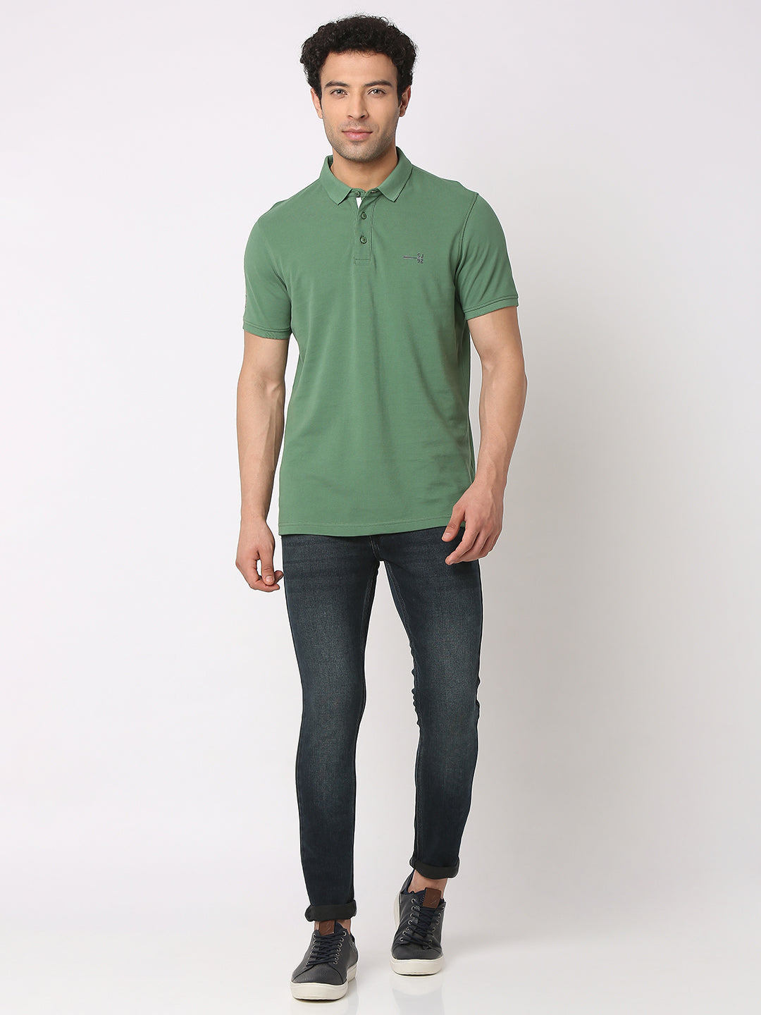 Spykar Men Dark Sage Green Cotton Regular Fit Polo Plain T-Shirt