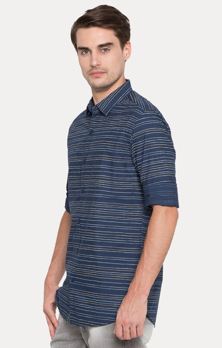 Spykar Men'S Blue Cotton Striped Casual Shirts