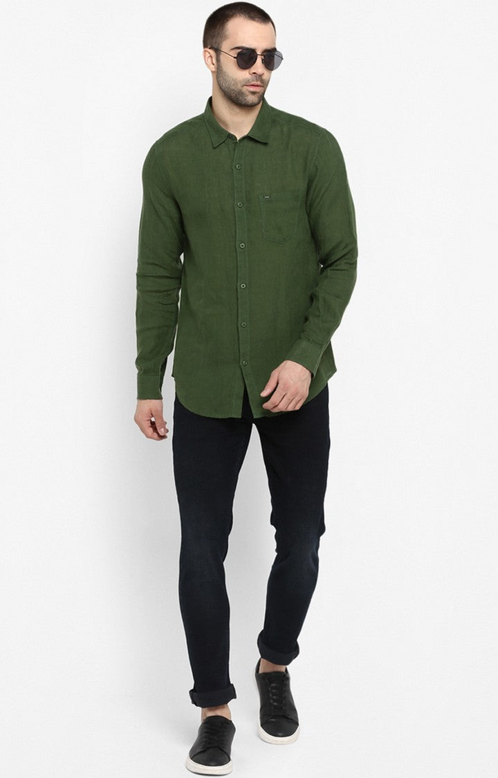 Spykar Men'S Green Linen Solid Casual Shirts