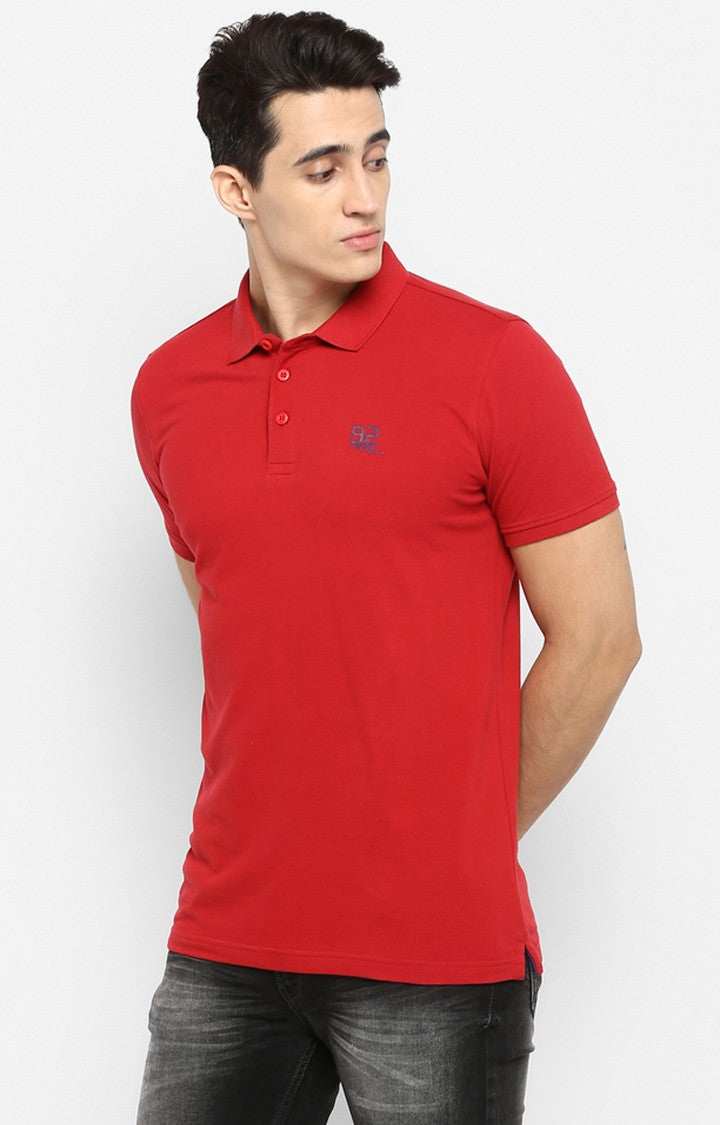 Spykar Red Solid Slim Fit Polo T-Shirt