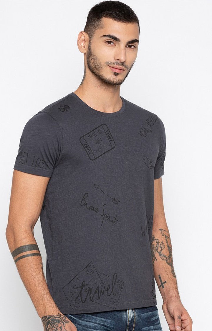 Spykar Dark Grey Printed Slim Fit Men T-Shirts