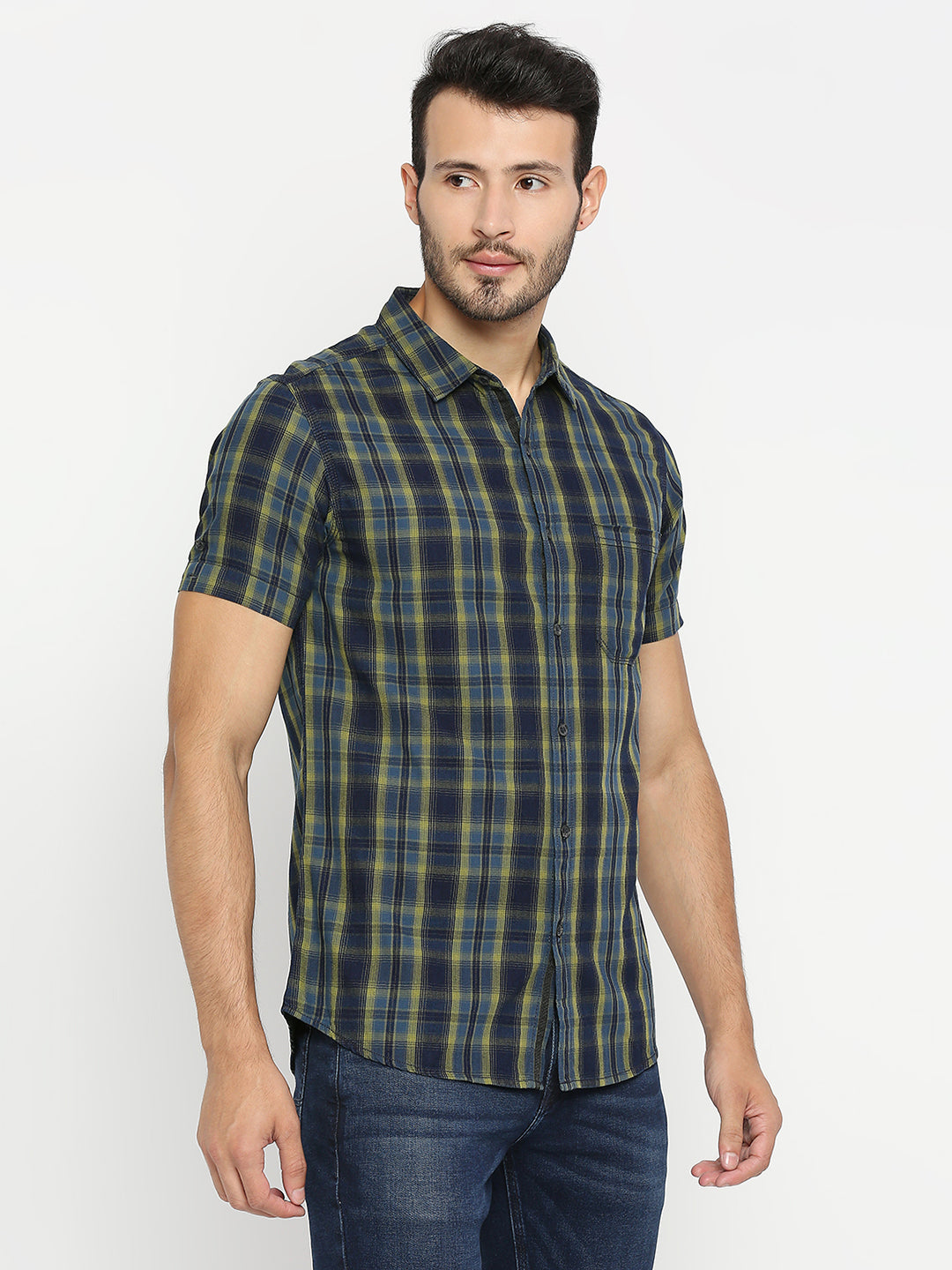 Spykar Men Pista Green Cotton Half Sleeve Checkered Shirt