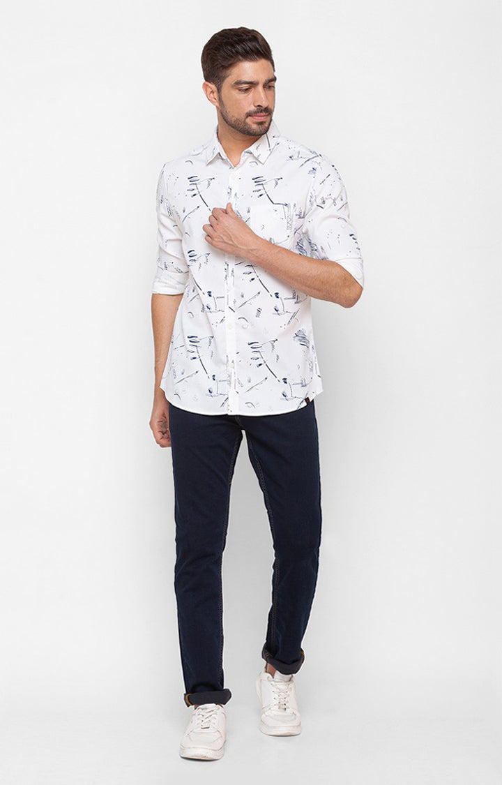 Spykar White Cotton Full Sleeve Printed Shirt For Men