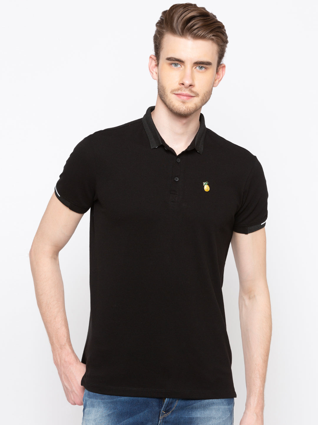 Spykar Men Black Cotton Slim Fit Polo T-Shirt