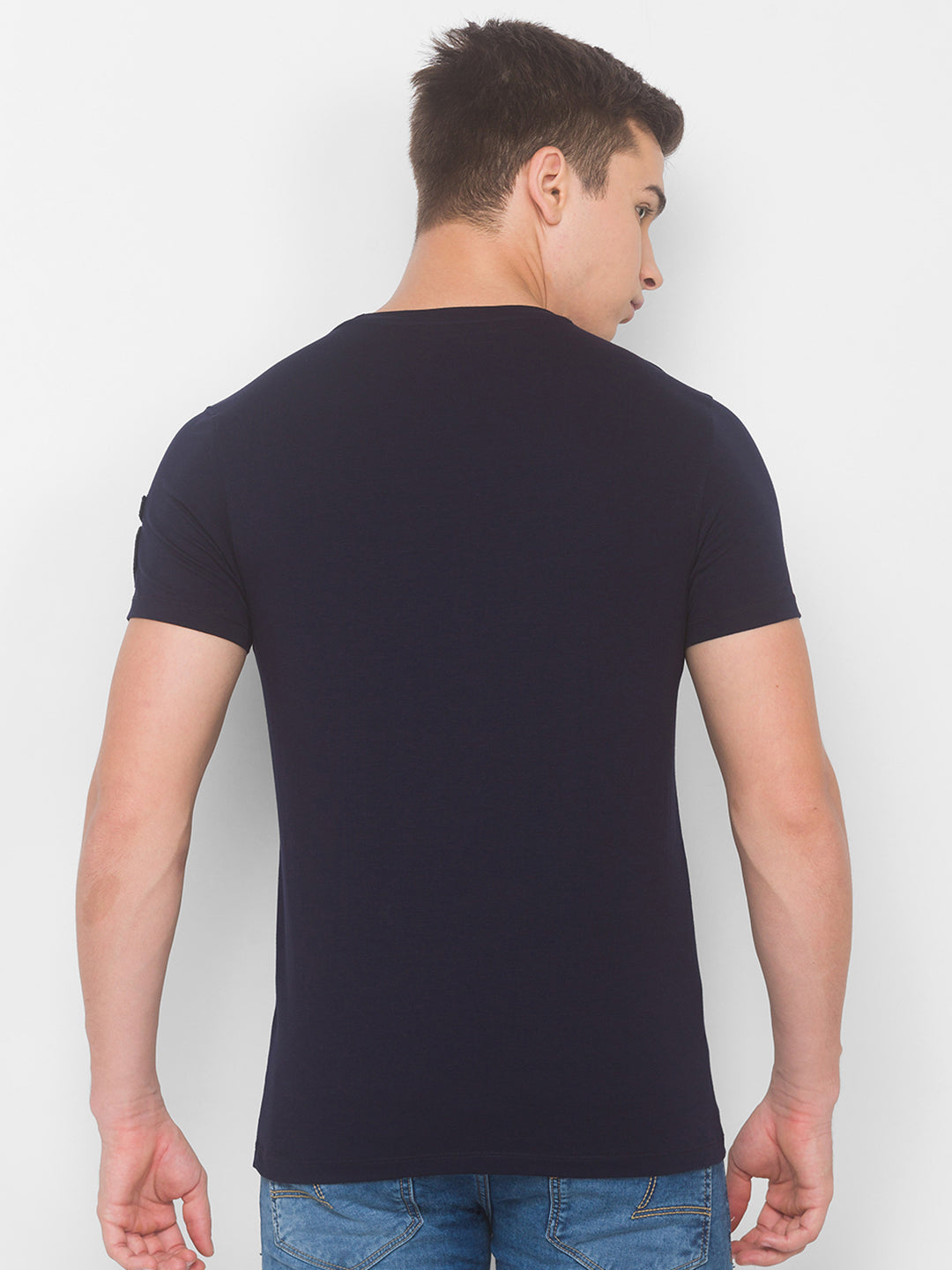 Spykar Men Blue Cotton Slim Fit Round Neck T-Shirt