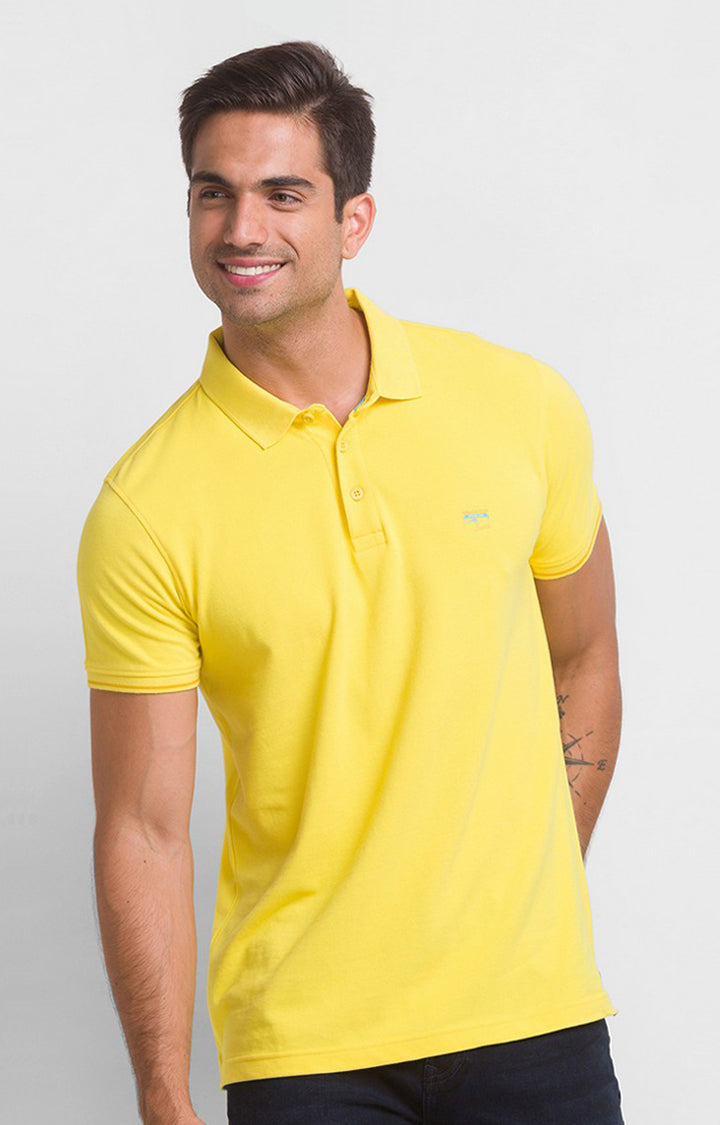 Spykar Sulphur Yellow Half Sleeve Plain Casual Polo T-Shirt For Men