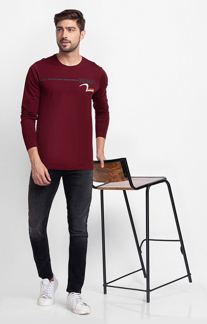 Spykar Wine Cotton Full Sleeve Printed Casual T-Shirt For Men