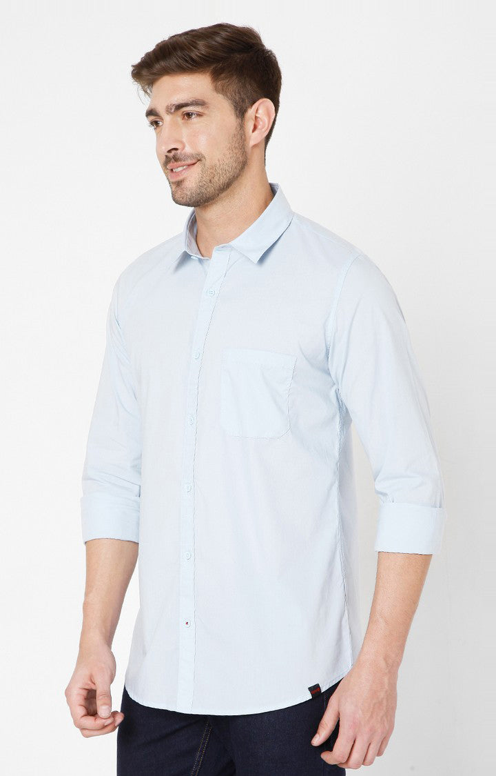 Spykar Blue Cotton Slim Fit Shirts For Men