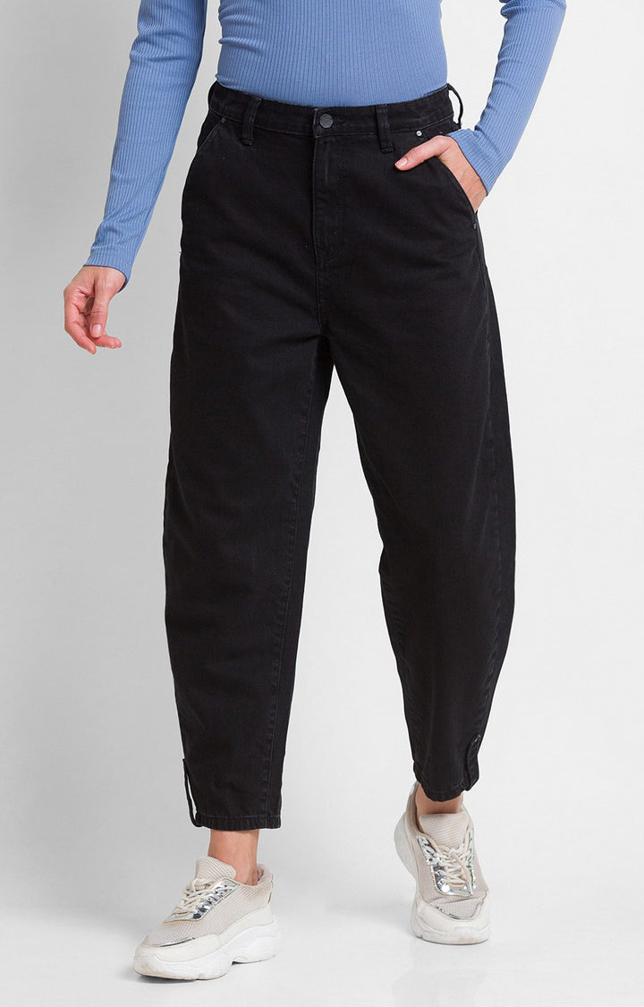 Spykar Black Cotton Baggy Fit Crop Length Jeans For Women (Clara)