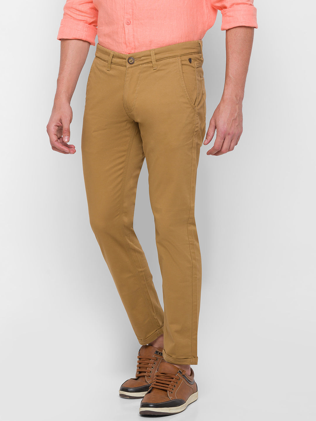 Spykar Men Beige Cotton Slim Fit Casual Trousers