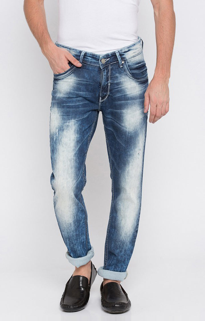 Spykar Mid Blue Ripped Skinny Fit Jeans For Men (Actif)