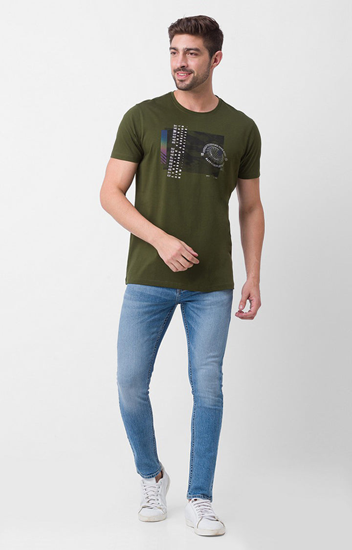 Spykar Rifle Green Cotton Half Sleeve Printed Casual T-Shirt For Men