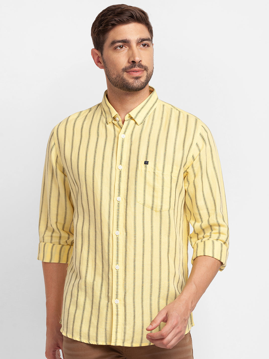 Spykar Butter Yellow Cotton Full Sleeve Stripes Shirt For Men