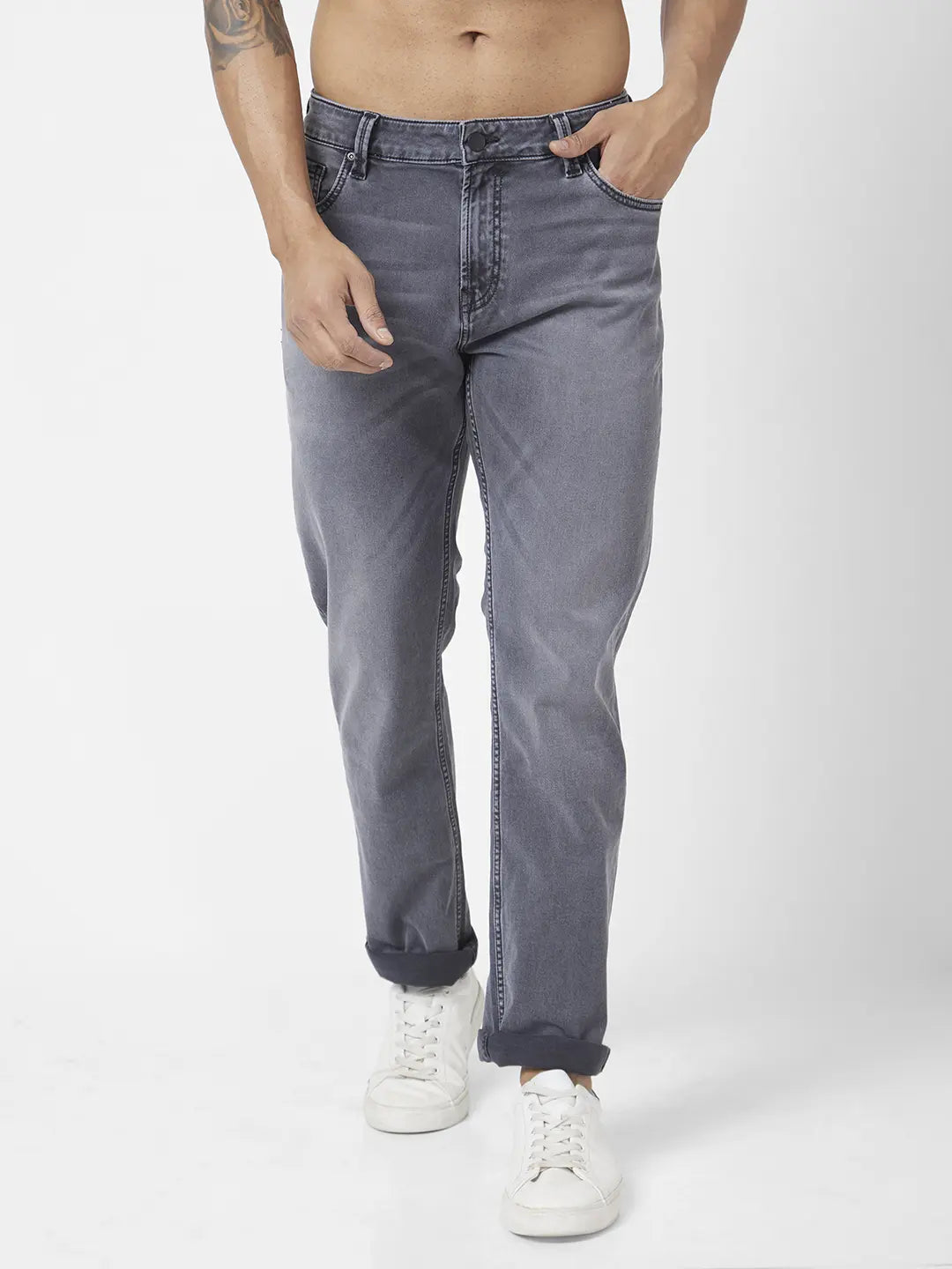 Spykar Men Grey Cotton Stretch Comfort Fit Straigth Length Clean look Mid Rise Jeans (Ricardo)