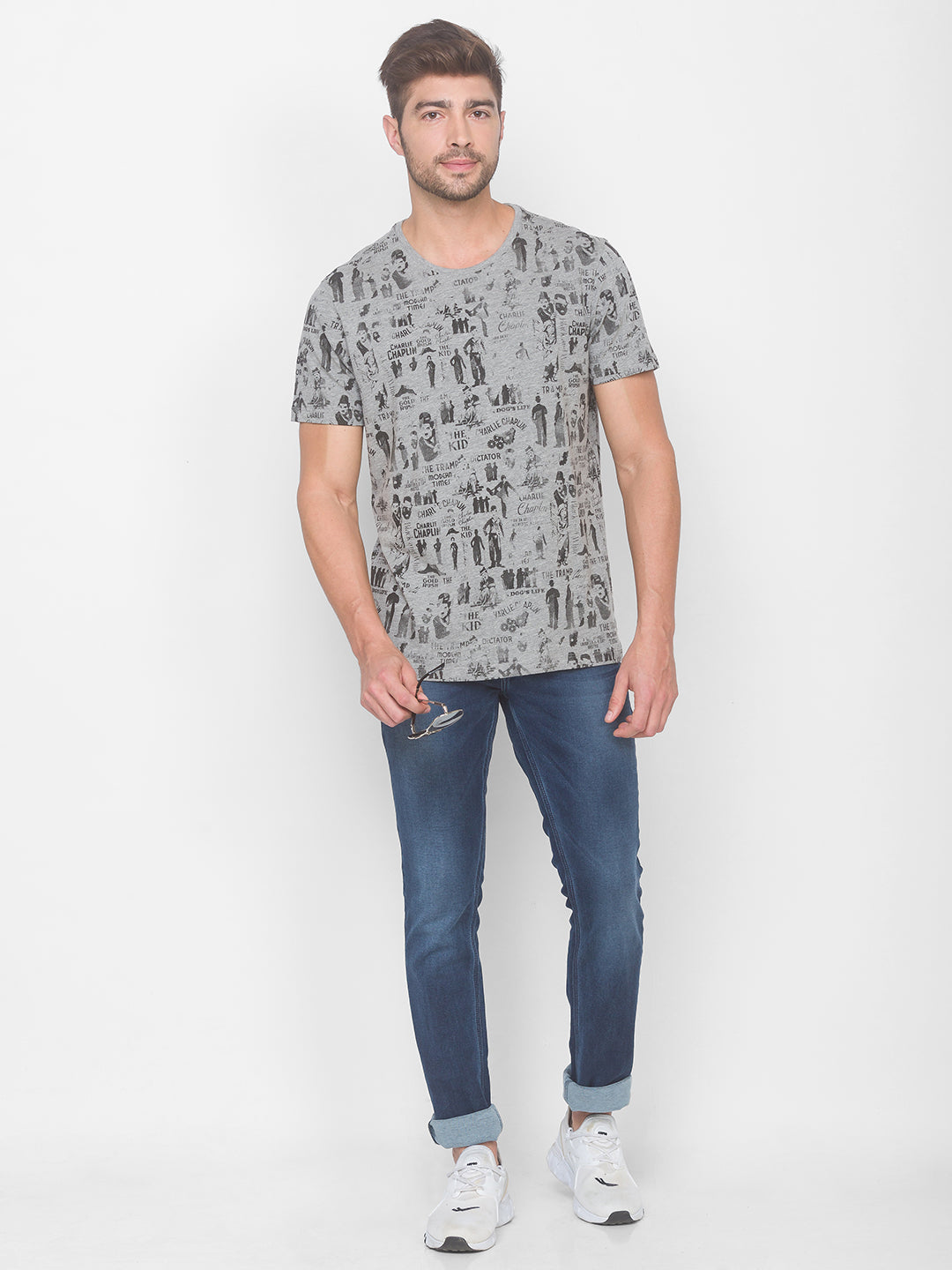 Charlie Chaplin Spykar Men Grey Cotton Slim Fit Round Neck T-Shirt