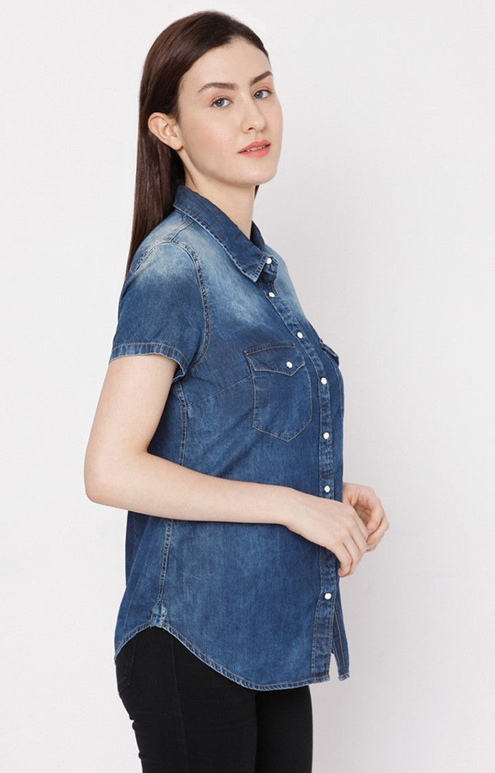 Spykar Women Dark Blue Cotton Regular Fit Denim Shirt