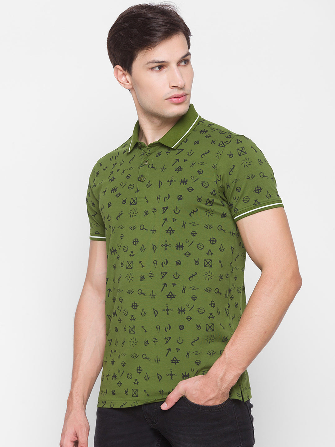 Spykar Men Green Cotton Slim Fit Polo T-Shirt