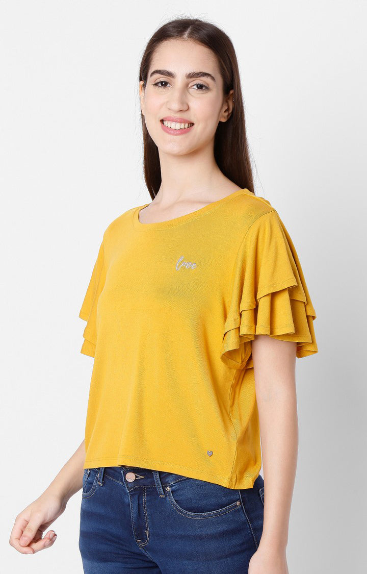 Spykar Women Yellow Cotton Slim Fit Round Neck T-Shirts