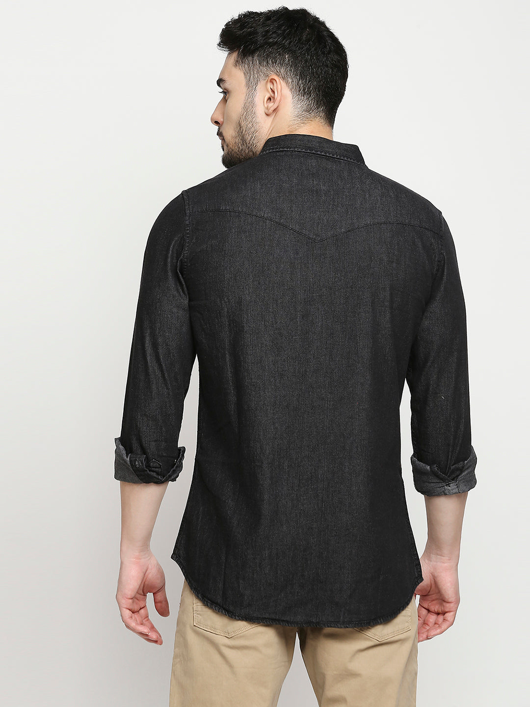 Spykar Washed Black Cotton Full Sleeve Denim Shirt For Men