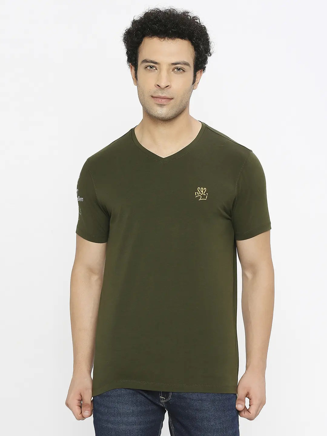 Spykar Men Rifle Green Cotton Regular Fit Half Sleeve Plain V-Neck Tshirt