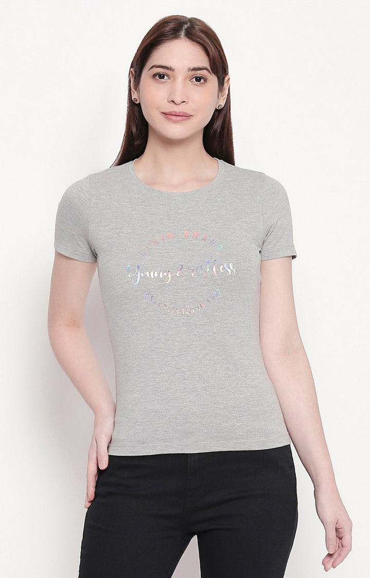 Spykar Women Grey Cotton Regular Round Neck T-Shirt