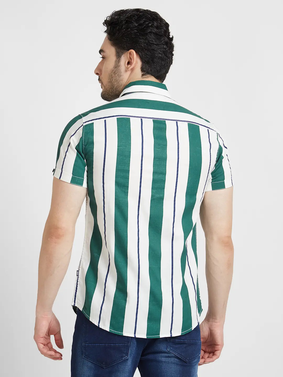 Spykar Men Dark Green Cotton Regular Slim Fit Half Sleeve Striped Shirt