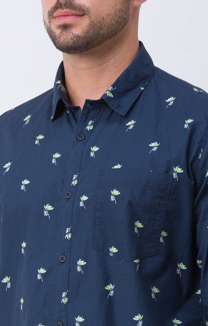 Spykar Navy Blue Cotton Full Sleeve Printed Shirt For Men