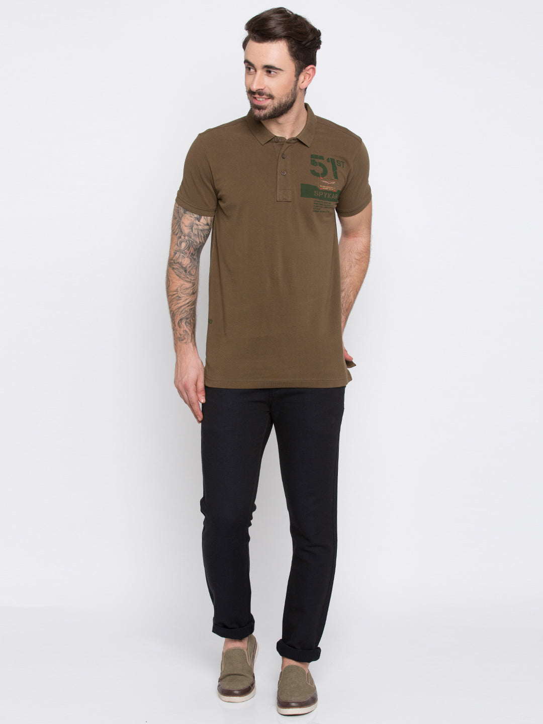 Spykar Olive Solid Slim Fit Polo Tshirt For Men